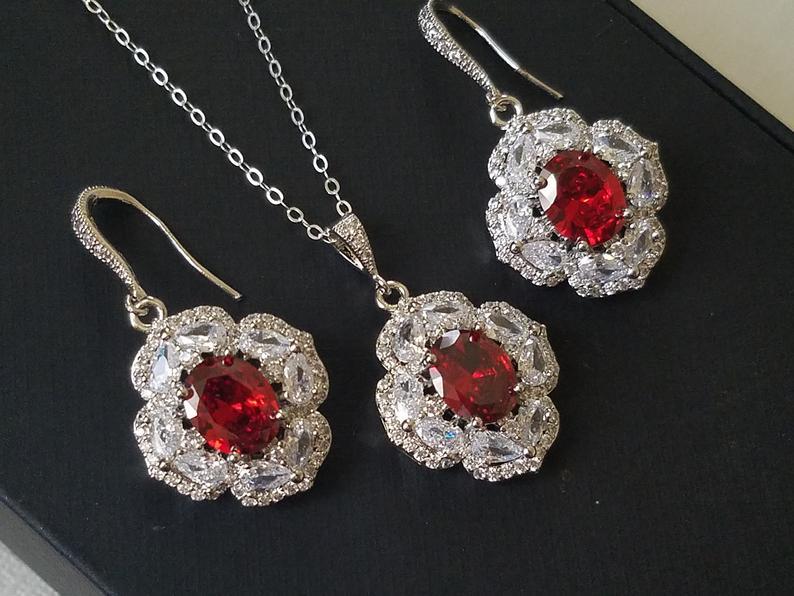 Mariage - Red Crystal Bridal Jewelry Set, Red Oval Halo Cubic Zirconia Set, Red Earrings Necklace Set, Wedding Red Silver Earrings Red Crystal Pendant