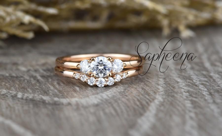 Wedding - 3 Stone Mini Round Moissanite Engagement Ring with Tiara Wedding Band,Diamond Bridal Set,Moissanite Diamond Bridal Gold Rings by Sapheena