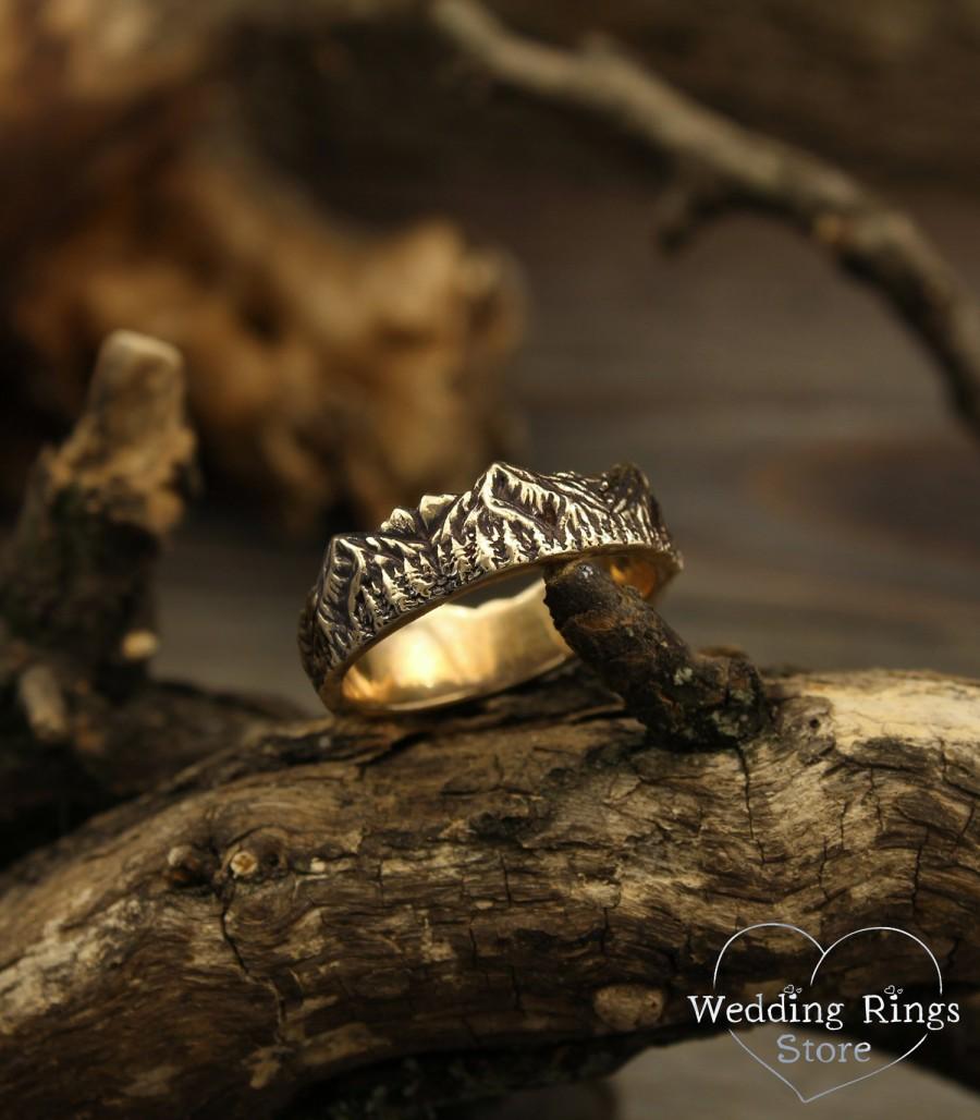 Wedding - Mountains and forest wedding band, Mountains gold wedding ring, Wild nature wedding band, Unique men's wedding band, Unusual women's band