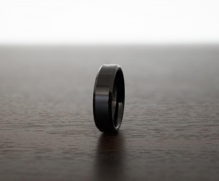 Wedding - Black Obsidian Sleek Tungsten Ring, Design 6mm Beveled Edges, rings for men, rings for women, anniversary, wedding band, engagement band