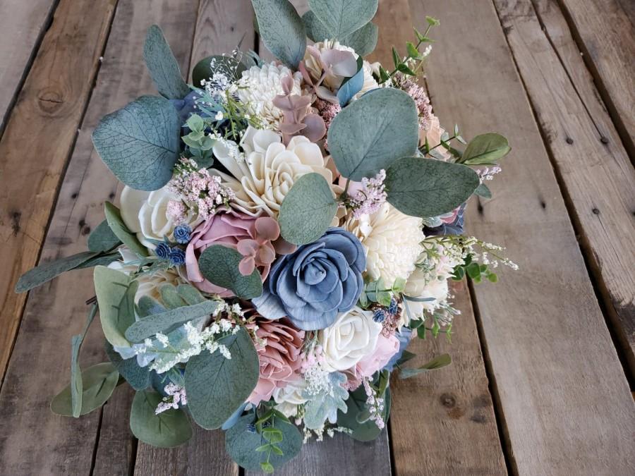 Mariage - Slate Blue Blush Pink and Cream Wood Flower Bouquet with Silver Dollar Eucalyptus bridal bridesmaid flower girl