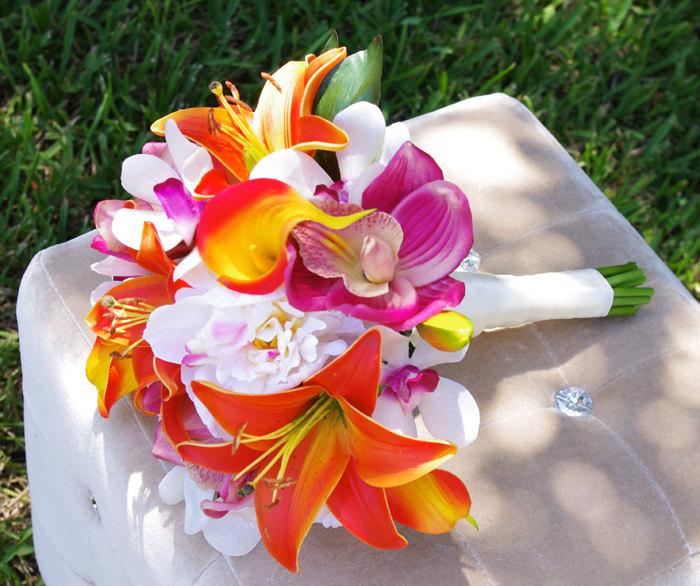 Hochzeit - Tropical Wedding Bouquet - Lilies, Callas, Orchids and Peonies Silk Wedding Bouquet  - Orange and Fuchsia Natural Touch Bride Bouquet
