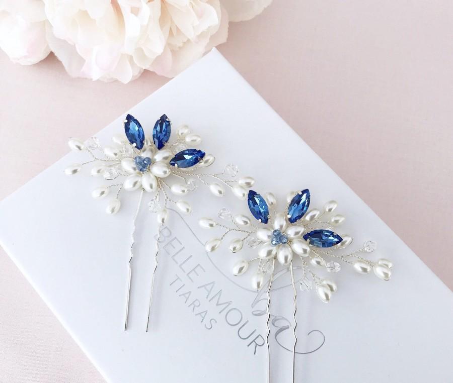 زفاف - Bridal hair pins, Sapphire blue crystal, Wedding hair accessories, Bridesmaids hairpiece,Something blue, Hair jewelry, Bobby pins