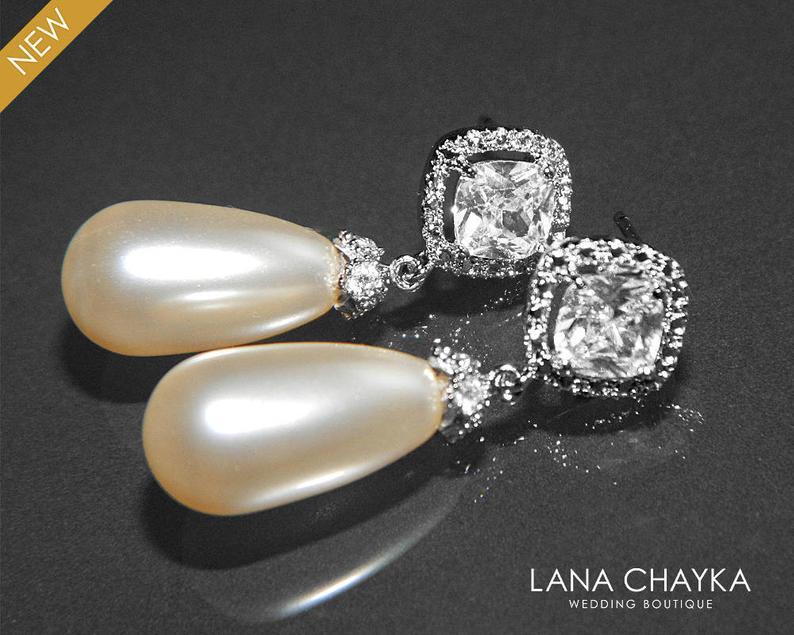 Hochzeit - Teardrop Pearl Bridal Earrings, Swarovski Ivory Pearl Cubic Zirconia Earrings, Pearl Wedding Earrings, Pearl Bridal Jewelry, Dangle Earrings