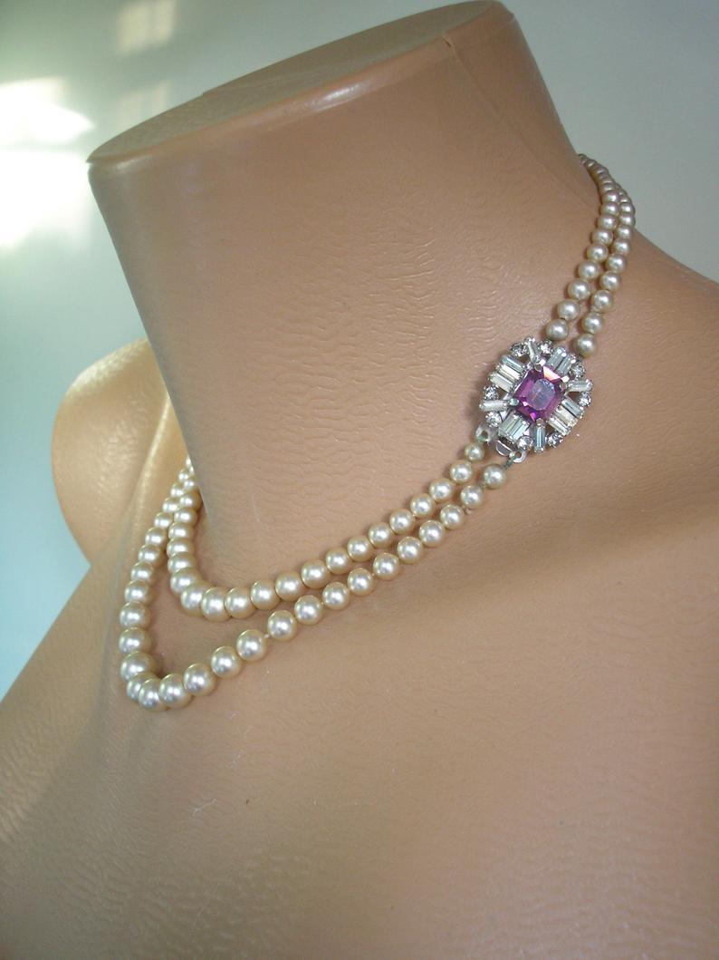 Hochzeit - Vintage 2 Strand Pearl Necklace, Pearl Necklace With Side Clasp, Pearl And Amethyst Necklace, Cream Pearls, Vintage Pearls, Graduated Pearls