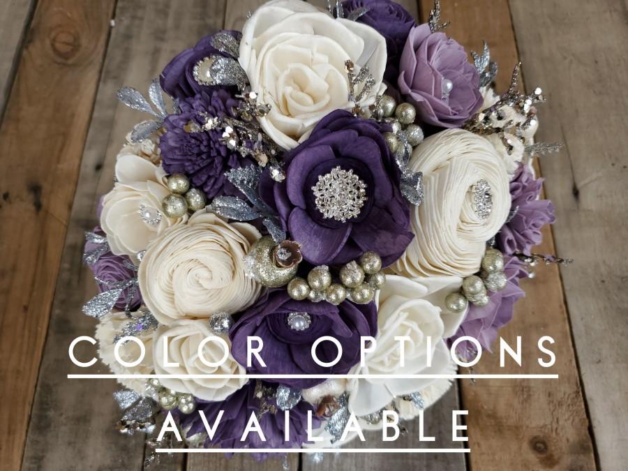 Hochzeit - Silver Brooch and Glitter Wood Flower Bouquet, mulitple colors available, bridal bouquet, bridesmaid bouquet, flower girl bouquet