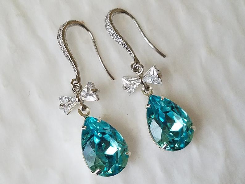 Hochzeit - Turquoise Teardrop Crystal Earrings, Swarovski Light Turquoise Bow Earrings, Light Teal Dangle Wedding Earrings, Teal Bow Bridal Earrings