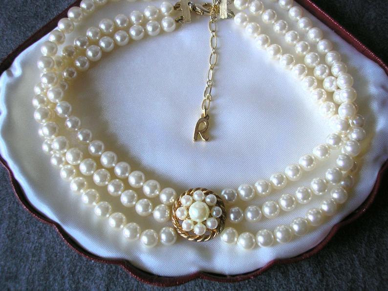Wedding - Rosita Pearl Choker, Vintage Pearl Choker, Rosita Pearls, 3 Strand Pearls, Bridal Choker, Wedding Jewellery, Vintage Bridal Pearls
