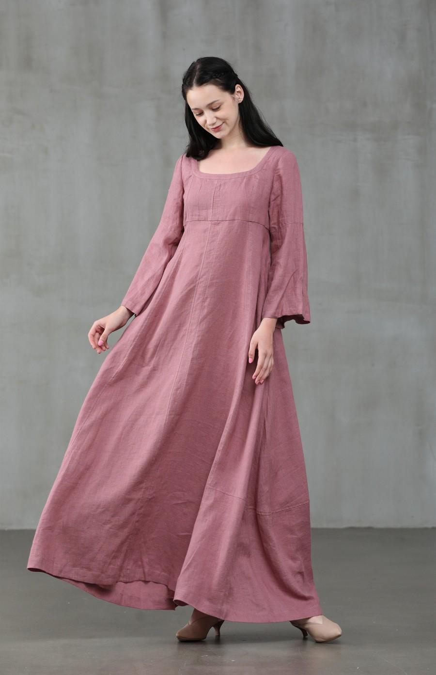 Mariage - ashed lilac linen dress, maxi linen dress, puff sleeve dress, wedding dress, green dress, princess dress, Renaissance dress