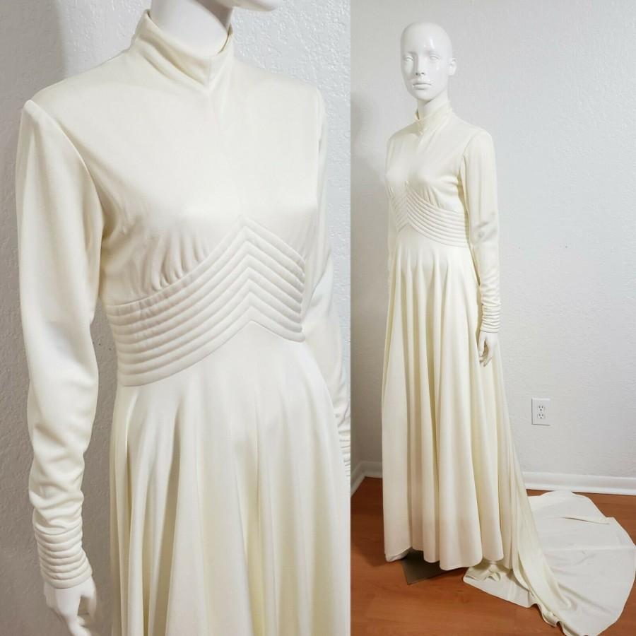 زفاف - Rare Vintage Mock Neck Modest Wedding Dress 60s 70s Bridal Gown Cream Ivory Sz S