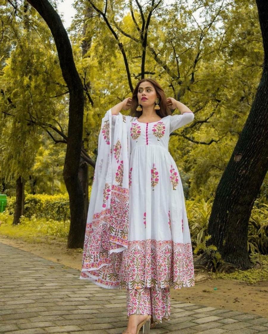 Wedding - Indian Bollywood Designer White Printed Kurta with Palzzo and Dupatta Set Special For Women/Girls .Free Express Shipping In USA/UK.