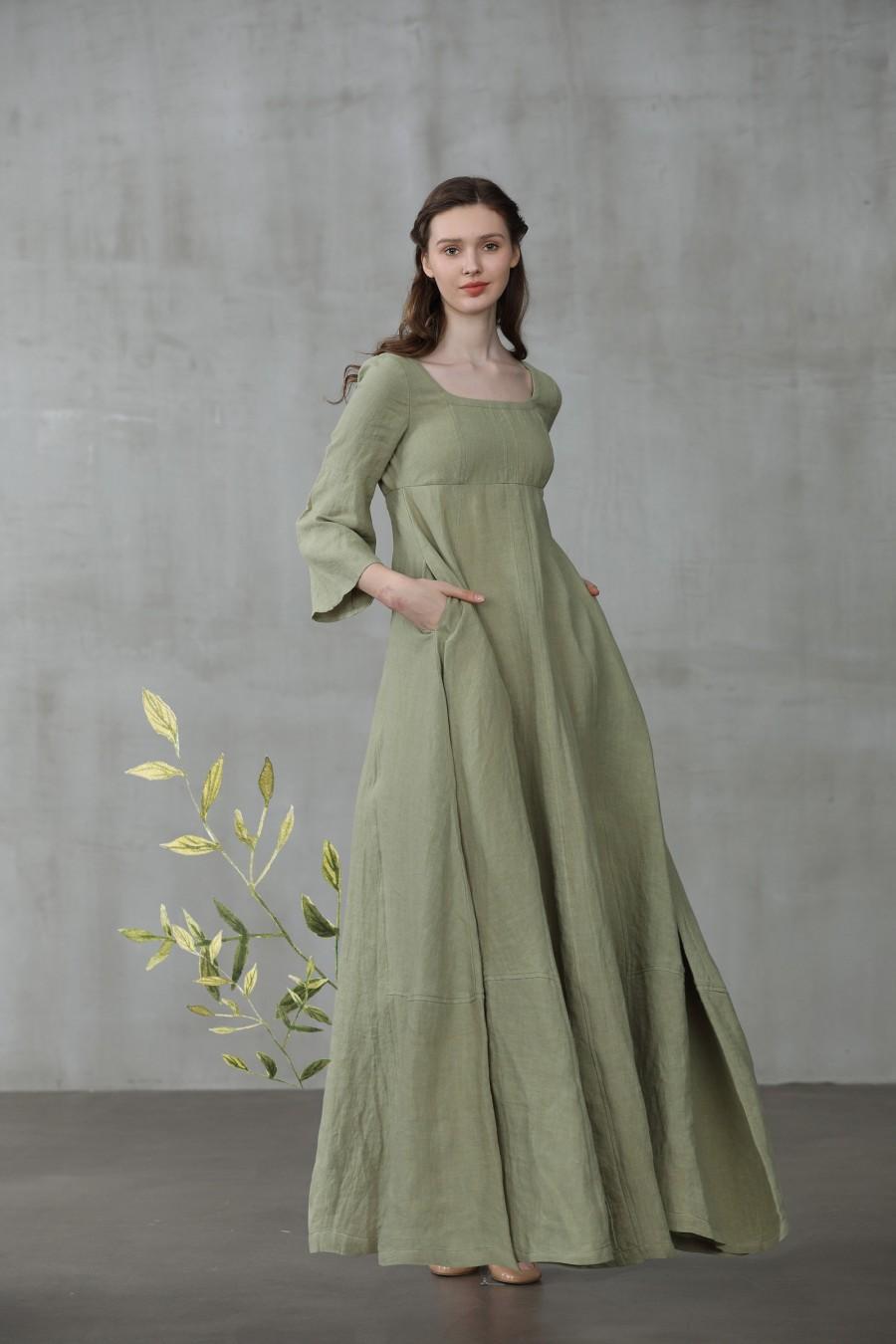 Mariage - Medieval dress, linen dress, maxi linen dress, puff sleeve dress, wedding dress, green dress, princess dress, Renaissance dress