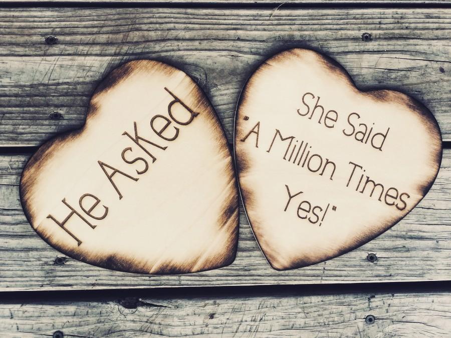 زفاف - He Asked She Said A Million times yes! Wood Hearts Set of 2 Photo Props, Engagement Photos, Engagement photo shoot prop, Photoprop