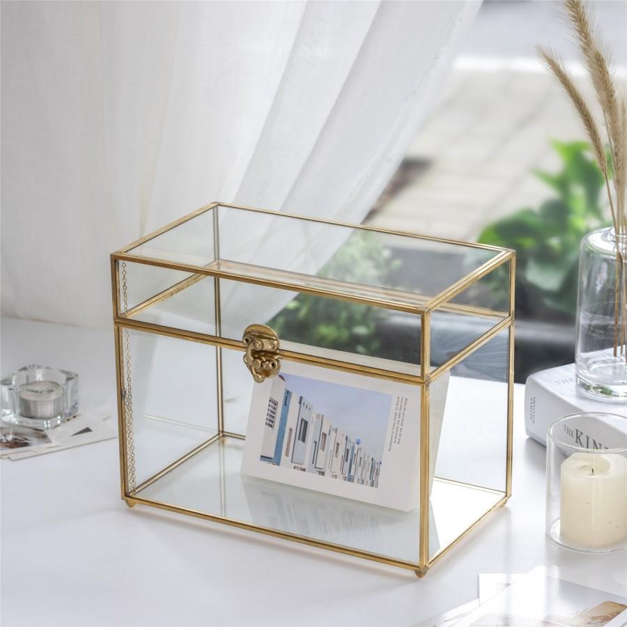 Hochzeit - Large Foot Rectangle Geometric Glass Card Box Keepsake Recipe Reception Card Envelope Holder Display Gift Card Box with Swing Lid Latch