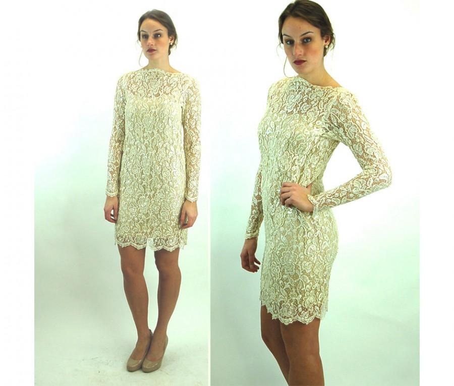 Wedding - Lace dress with pearls and sequins ivory ecru lace short wedding dress button back Size S