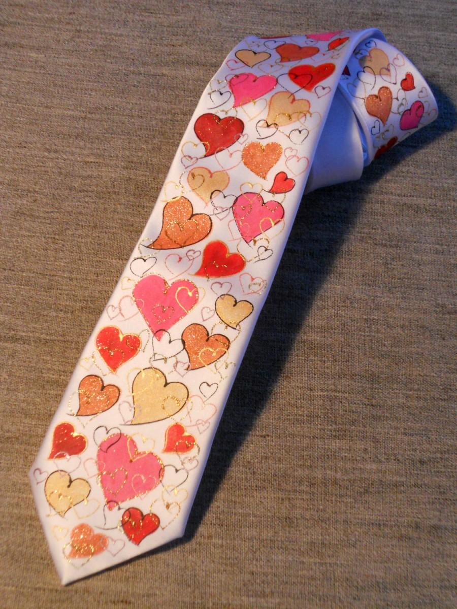 Mariage - Red heart handpainted silk necktie, wedding gift for him, gift for lover