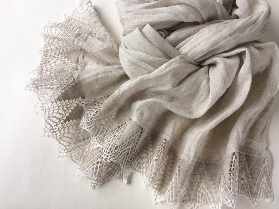 زفاف - Bridal linen shawl with lace, large oversized maternity scarf, lightweight undyed pure linen semi sheer scarf, 4th anniversary gift for wife