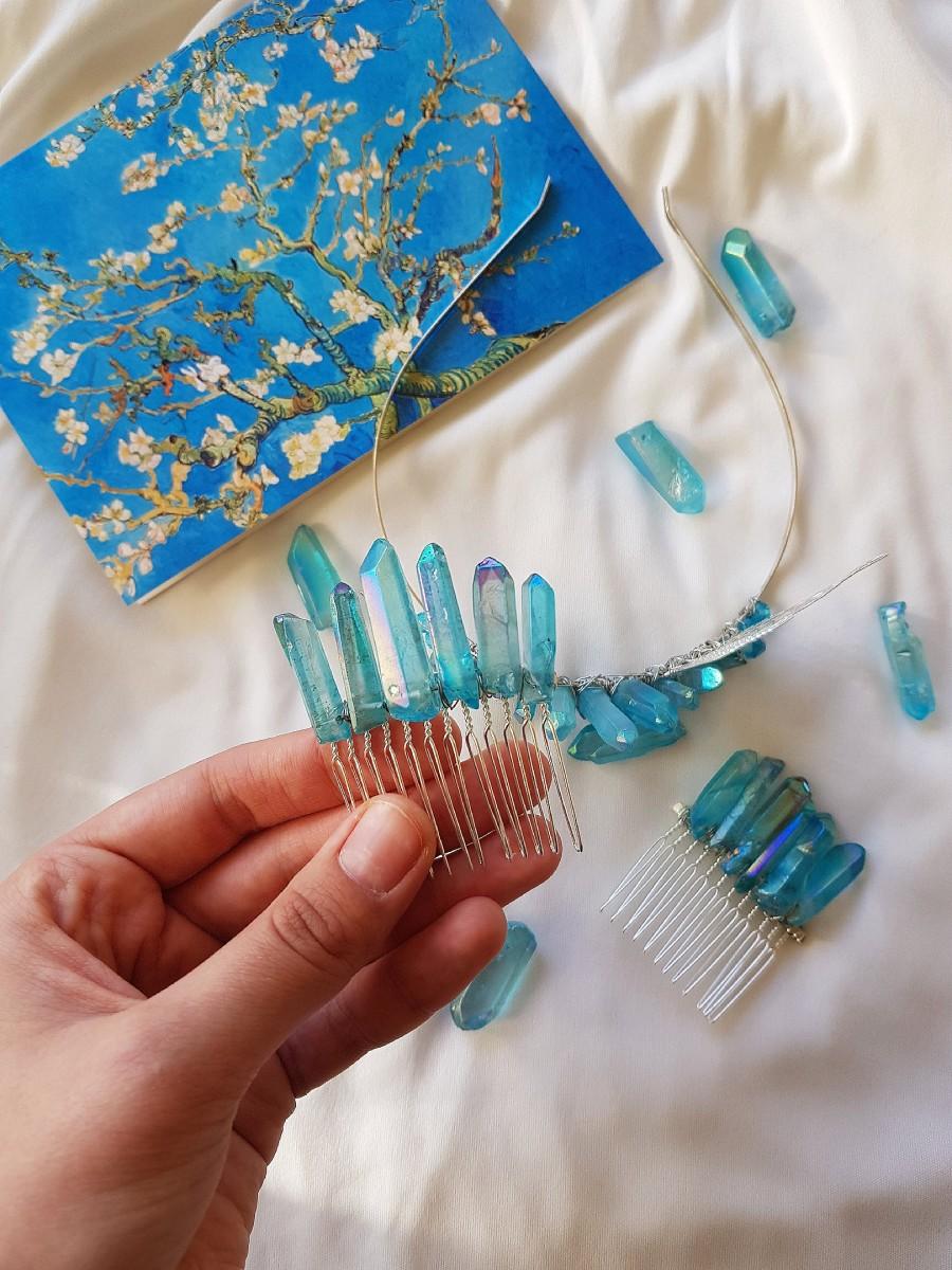 زفاف - Blue Angel mermaid crystal  hair combs, elven festival boho witchy quartz hair comb, wedding accessories