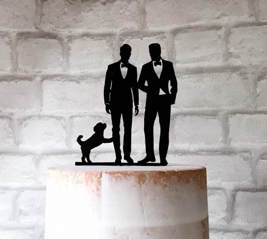 Wedding - Gay Wedding Cake Topper with 2 Grooms and Cockapoo Dog