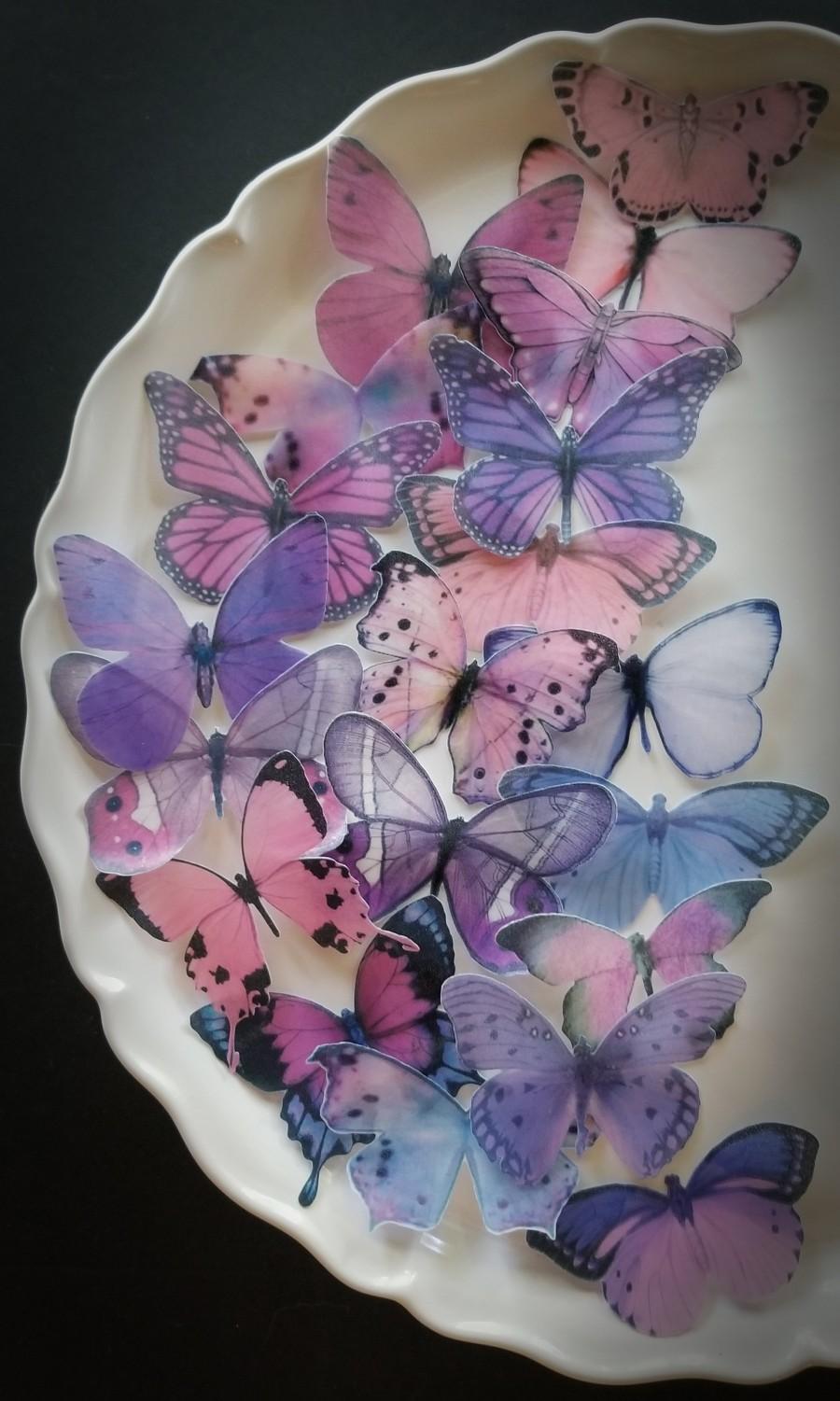 زفاف - 20 Lavender  Purple & Pink Edible Butterflies Romantic Cake Toppers
