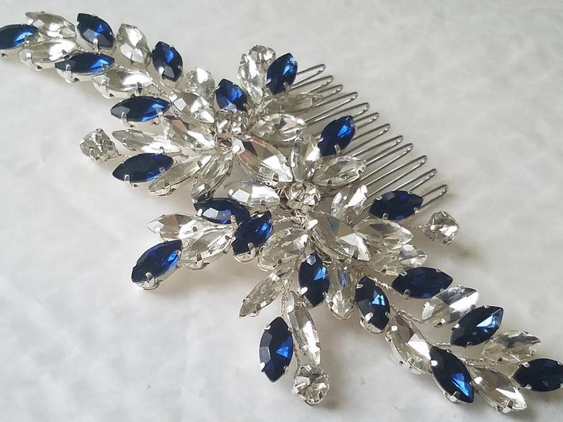زفاف - Navy Blue Clear Crystal Bridal Hair Comb, Blue Rhinestone Hair Piece, Dark Blue Crystal Floral Headpiece, Blue Hair Jewelry, Wedding Comb
