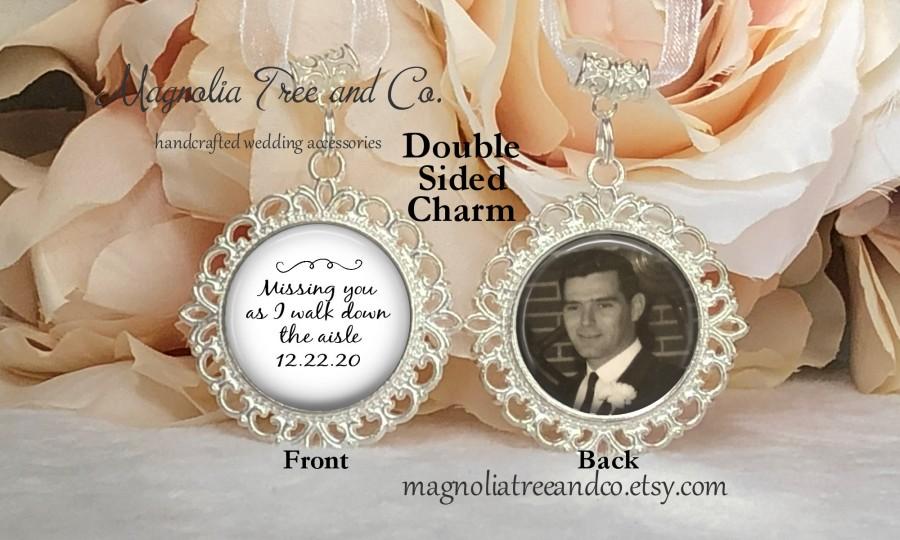 Свадьба - Bridal Bouquet Memorial Charm, Photo Memorial Charm for Bride, Double Sided Wedding Charm, Custom Photo & Text, Missing You