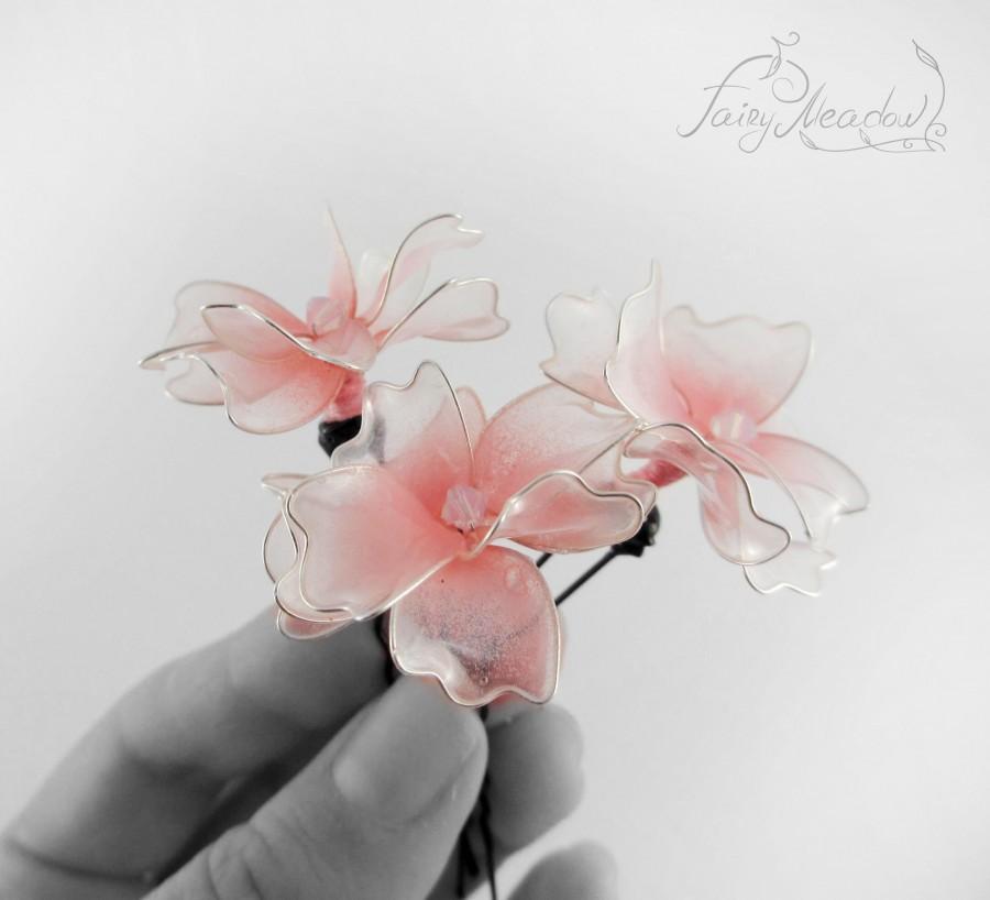 Свадьба - Tender Pink Violets Flowers Hair Pins (set of 3) Resin Japanese Kanzashi StickTransparent Bridal Wedding Clip, Bridal hair piece