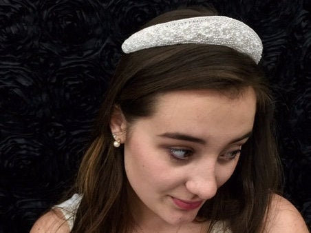 زفاف - Bridal Tiara Crown, Vintage Regal White Pearl Beaded, Embedded With Crystal Rhinestones And Delicate Pearls, Wedding Hairpiece Halo Tiara