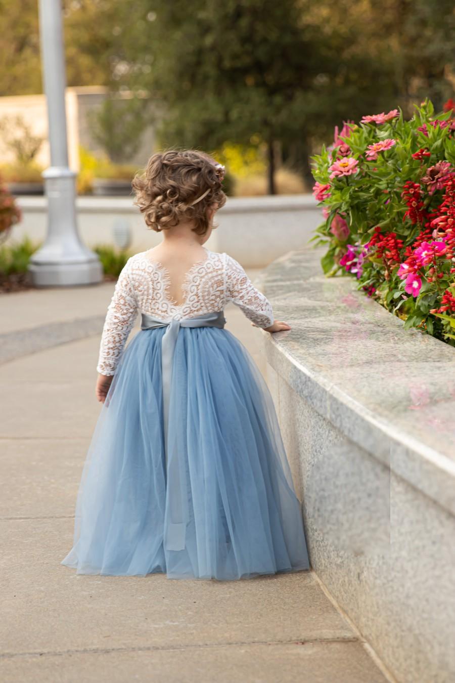 Full Length Sleeveless Dusty Blue Tulle Lace Top Scalloped Edges Back Party Flower Girl Dress