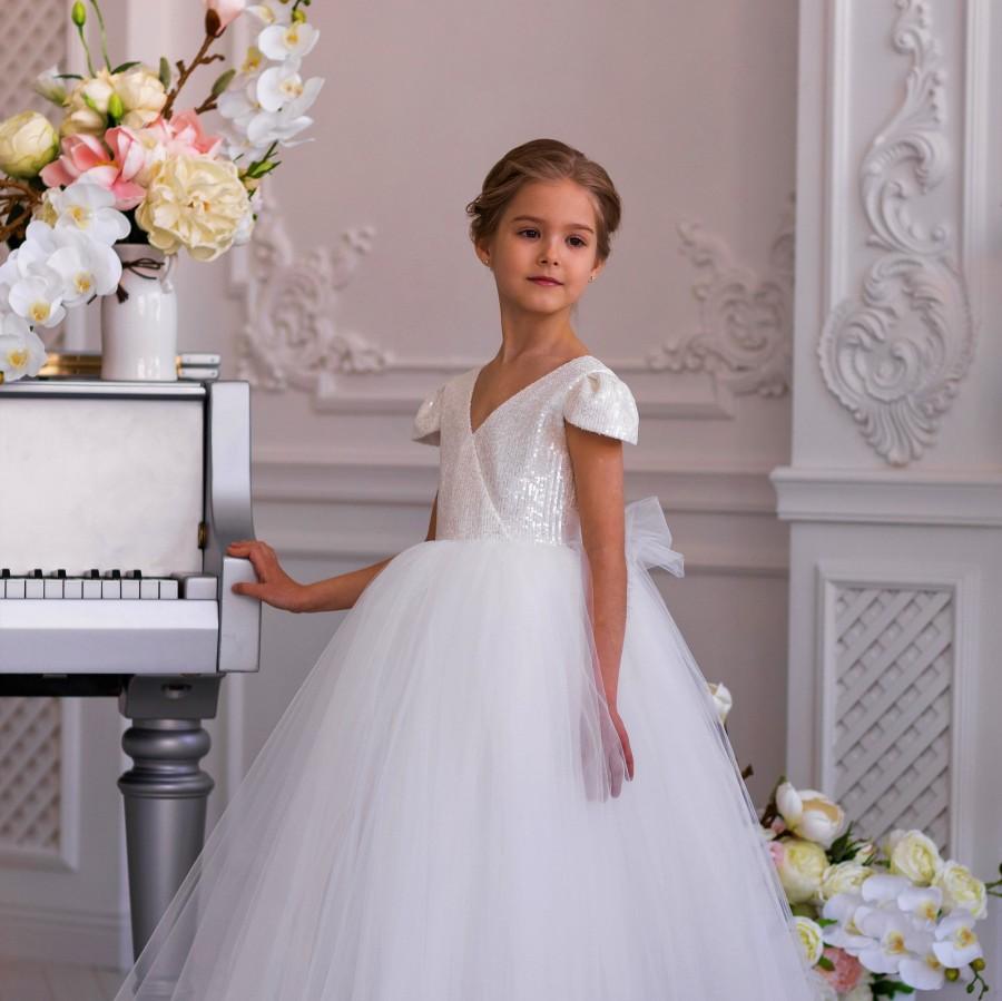 Wedding - white tulle flower girl dress - white sequin flower girl dress - tutu dress toddler - first communion dress -pageant dress - festive dress