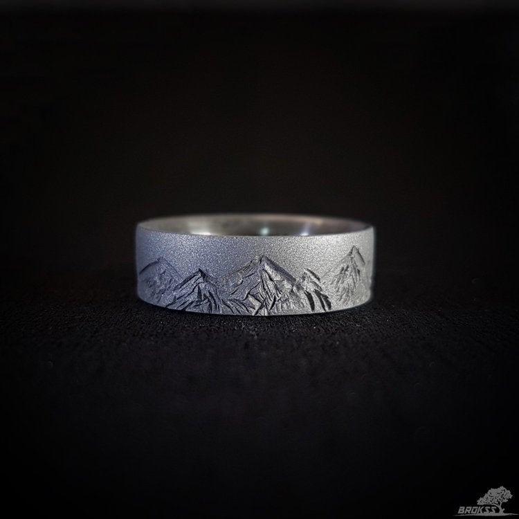 Wedding - Mountain range ring - matte titanium, mens wedding ring, womens wedding ring, comfort fit, mountain range, mountain gift, rocks, matte ring