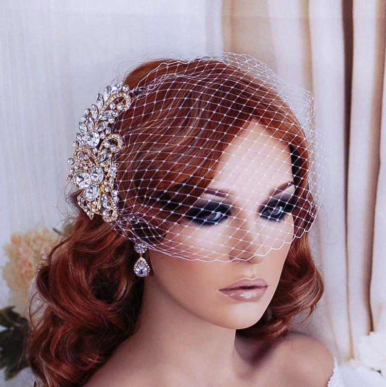 Mariage - Gold or Silver Birdcage Veil Bird Cage Bridal Hair Head Piece Wedding White Ivory Champagne Black Accessory Headpiece Weddings Blusher Gift