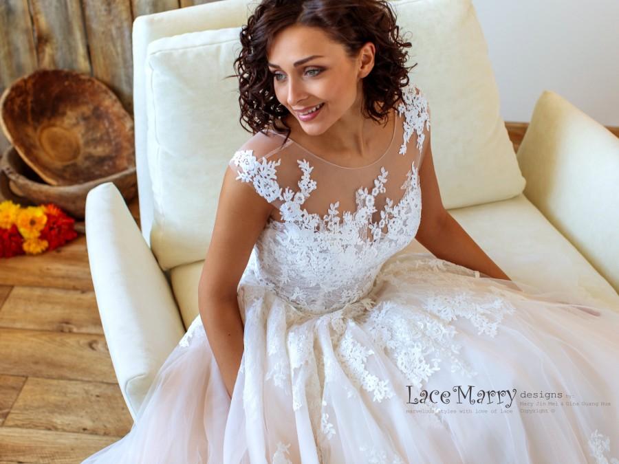 Wedding - Princess Lace Wedding Dress with Ivory Floral Appliqués and Cap Sleeves, A Line Wedding Dress, Ivory Wedding Dress, Illusion Wedding Gown