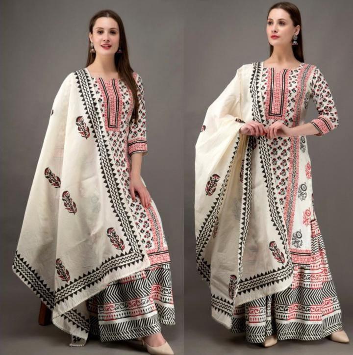 زفاف - Beautiful cotton discharge print  kurti with flared printed sharara & cotton dupatta kurti set free shipping for women, girls gifts,party