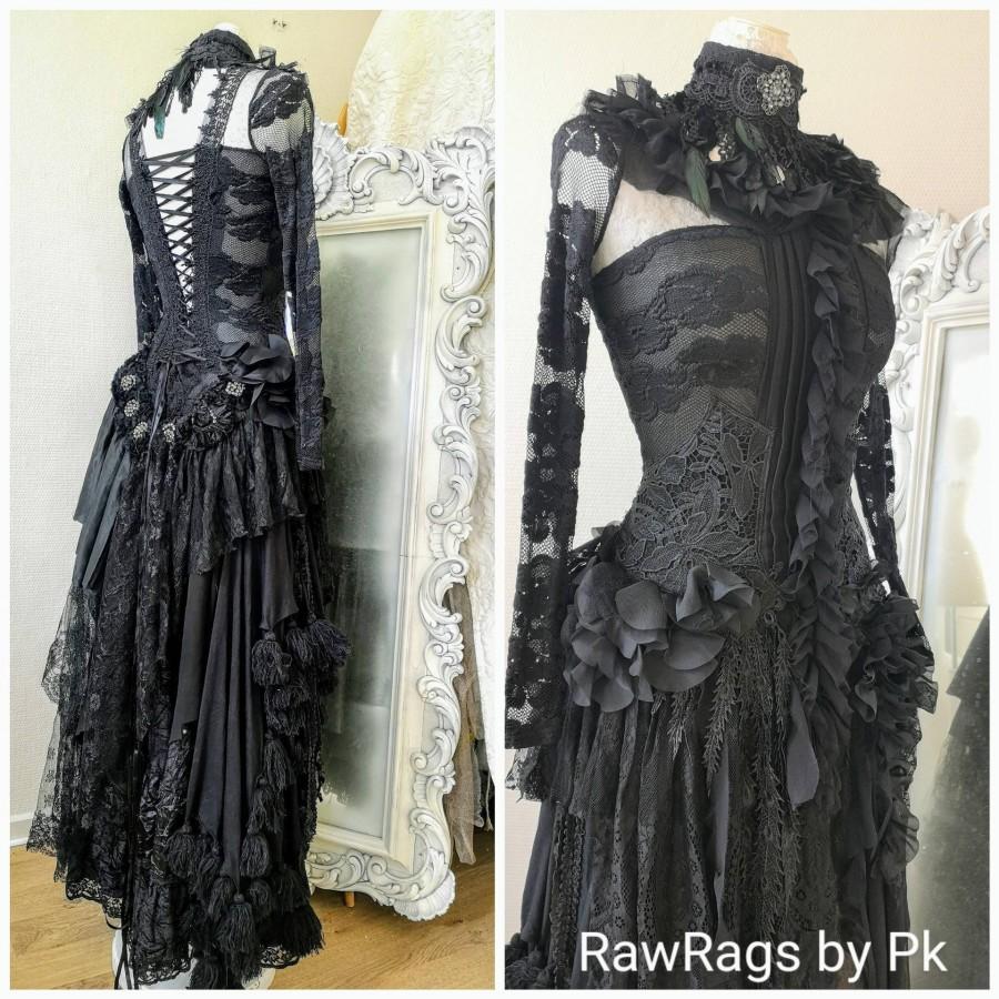Hochzeit - Black wedding dress for witches, halloween bridal gown vampire wedding dress, sexy black dress corset dress , Raw Rags