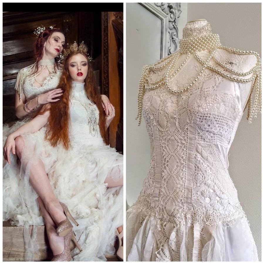 زفاف - Boho wedding dress pure white, one of a kind , antique lace, bridal gown unique