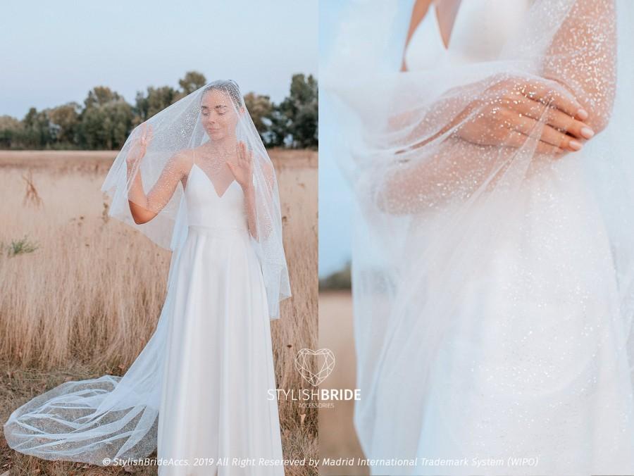 زفاف - Glitter Classic Cathedral Bridal Veil, Long Sparkle Veil with Blusher, Disney Wedding Veil  New SBA collection