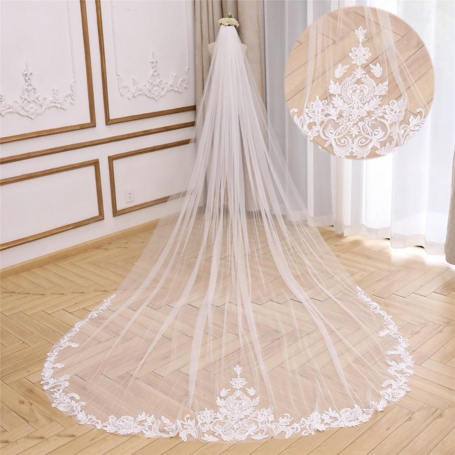 زفاف - Wedding Veil Lace Trim White Ivory Soft Veil Floral Bridal Veil Fingertip Length Veil Single Layer Veil Sequined Veil  Long Tulle Lace Veil