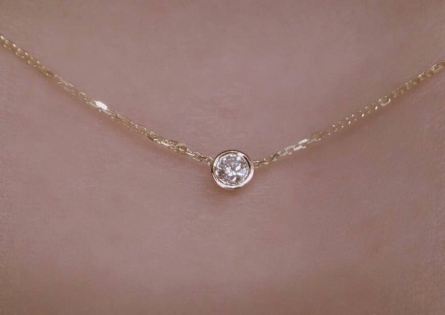 Свадьба - Diamond Solitaire Necklace 14k Yellow Gold / Diamond  Bezel Necklace / 14k Gold Diamond Solitaire Pendant / Delicate