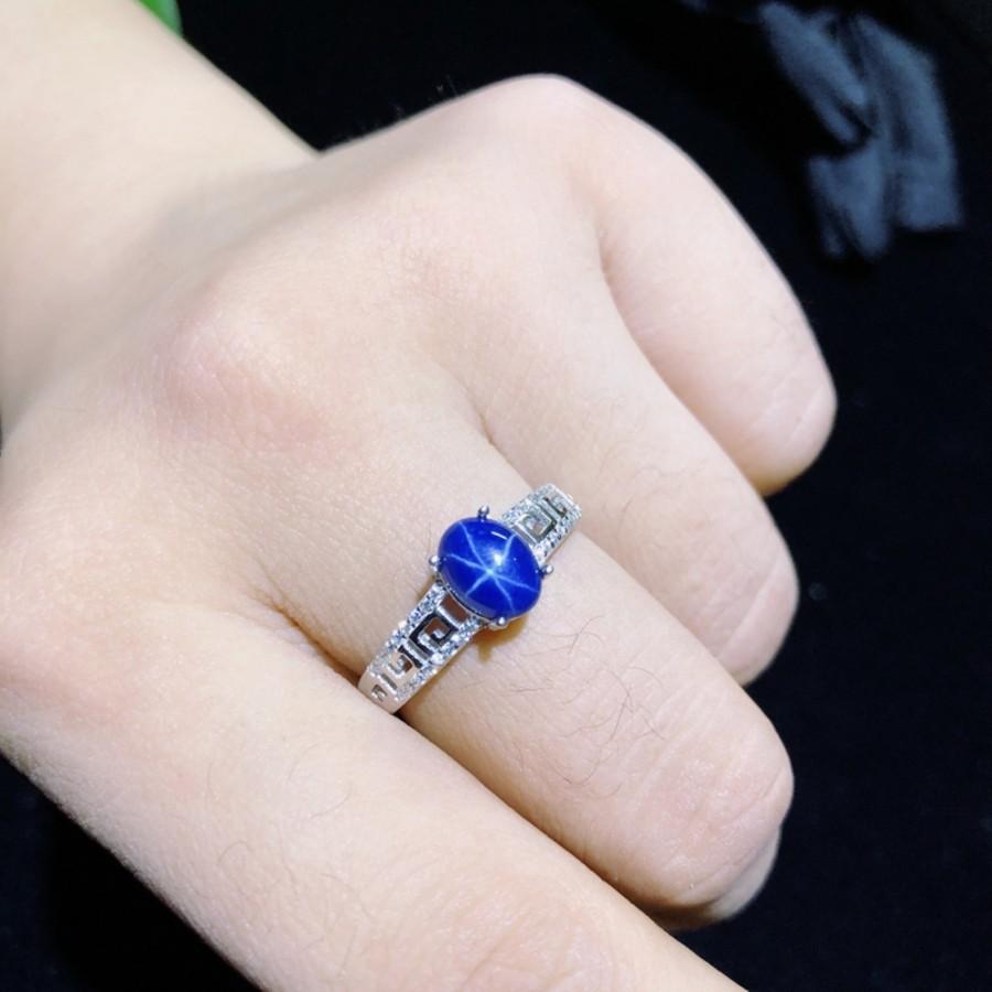 زفاف - Natural Blue Star Sapphire Engagement Rings for Women 6x8mm Gemstones Genuine 925 Sterling Silver Platinum Plated Women’s Ring