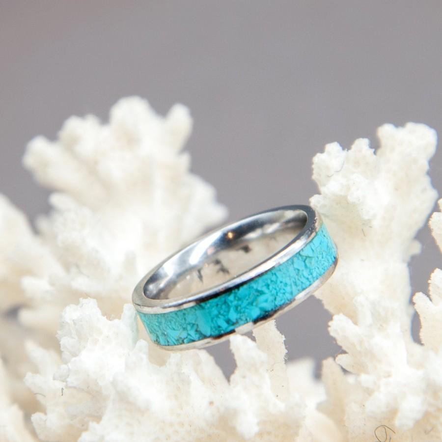 زفاف - Simple Turquoise Ring, Turquoise Inlay Surgical Steel Band.