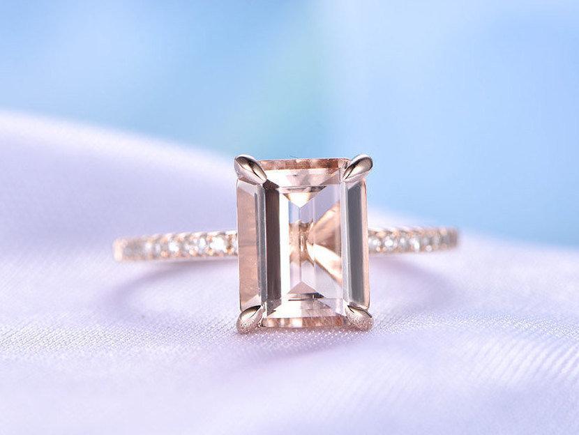 Hochzeit - Morganite Engagement Ring 14k Rose Gold 7x9mm Emerald Cut VS Morganite With Diamond Wedding Thin Band Anniversary Ring Bridal Ring