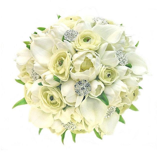 Mariage - Real Touch Artificial White Ivory Calla Lilies Tulip Peonies Rhinestones Bridal Bridesmaids Cascade Bouquets Prom Wedding Flower CenterPiece