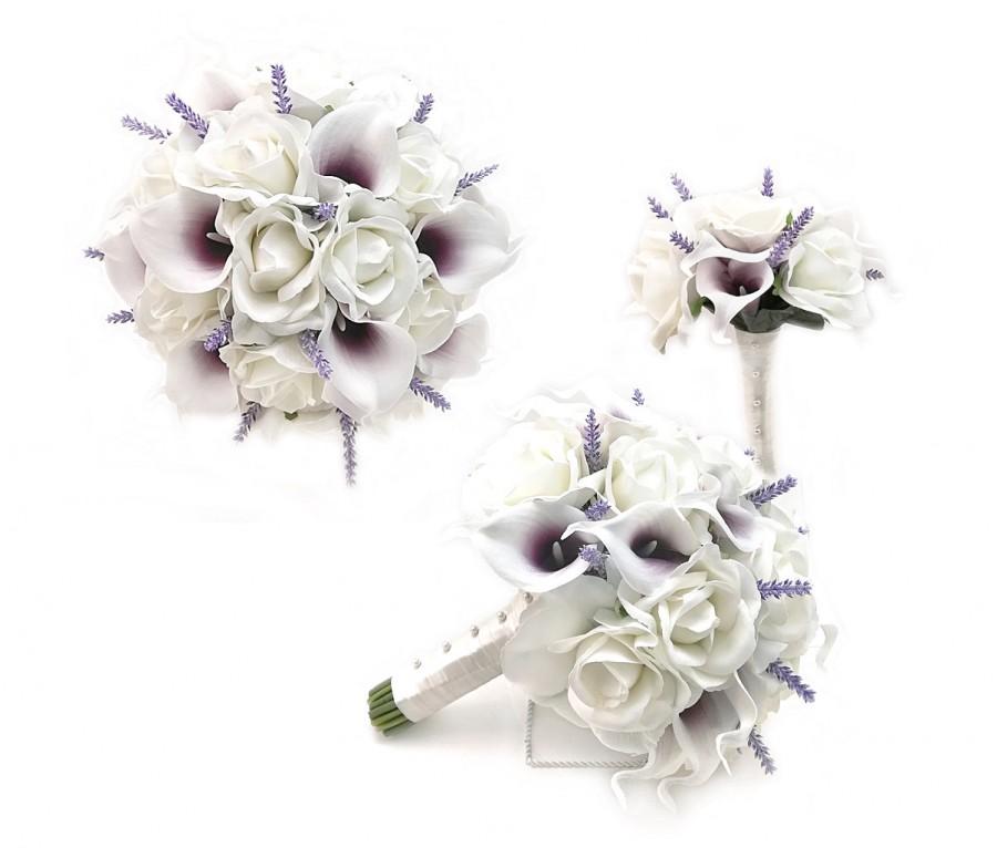 Hochzeit - Real Touch Artificial White Ivory Roses Plum Purple Calla Lilies Bridal Cascade Bouquet Bridesmaids Bouquets Prom Wedding Flower Centerpiece