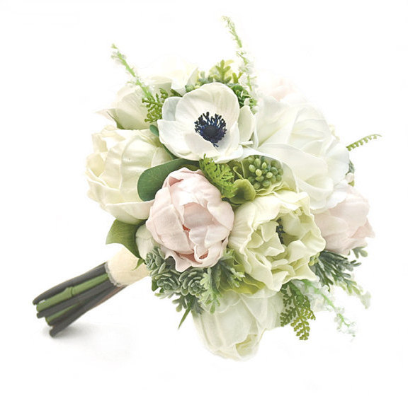 Mariage - Real Touch Artificial White Ivory Rose Blush Peonies Succulent Anemone Bridal Bridesmaids Cascade Bouquets Prom Wedding Flowers Centerpieces
