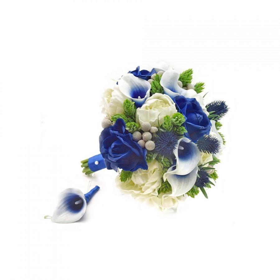 Hochzeit - Real Touch Artificial Royal Blue White Calla Lilies Roses Peonies Bridal Bridesmaids Cascade Bouquets Prom Wedding Flowers Centerpieces Arch