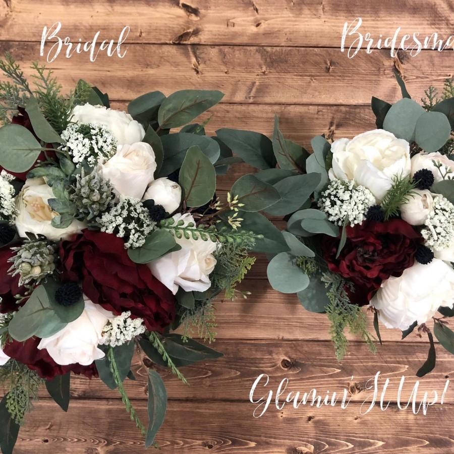 زفاف - Rustic Boho Ivory, off White and Burgundy bridal Bouquet, Corsage, Boutonnière