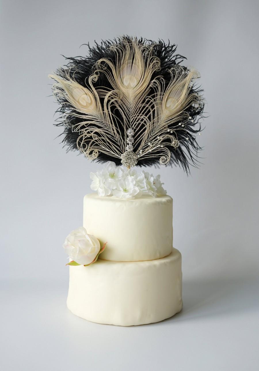 Wedding - Feather Cake Topper Gatsby 1920s Wedding Black Ivory Cake Topper, Personalized Cake Topper Birthday Custom Ostrich Peacock Cake Topper gift