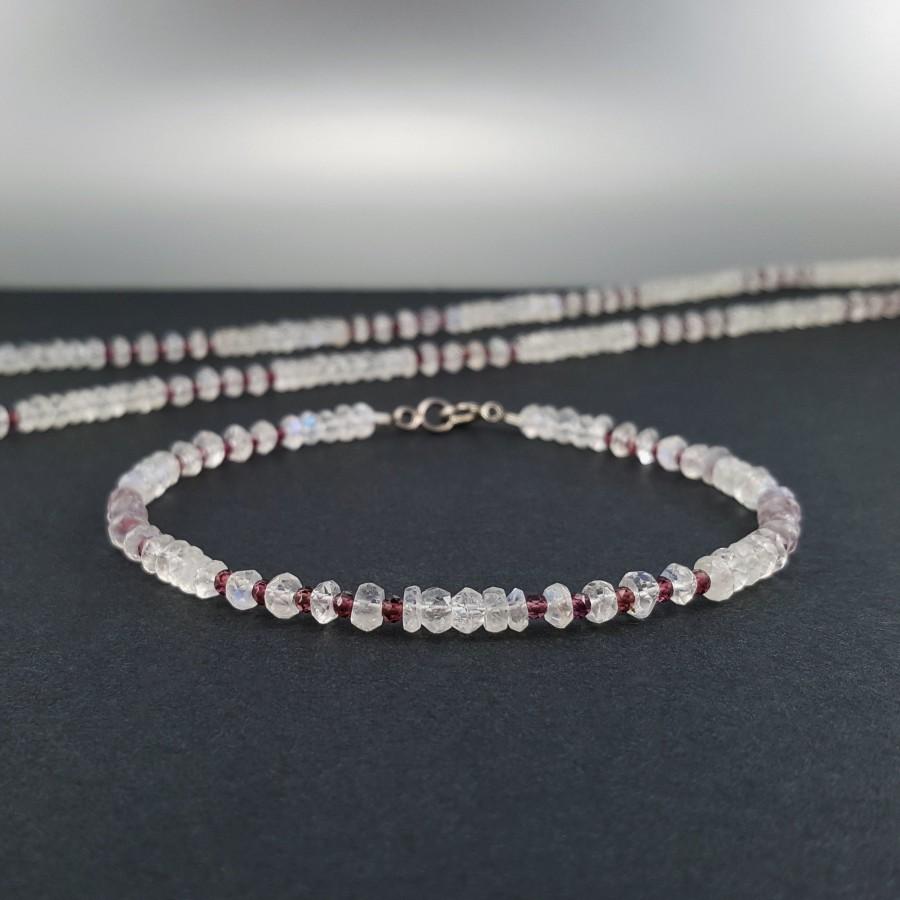 Wedding - Bracelet Moonstone with Garnet - gift for her - faceted beads bridal jewelry-blue shining sparkling natural gemstone June/January birthstone