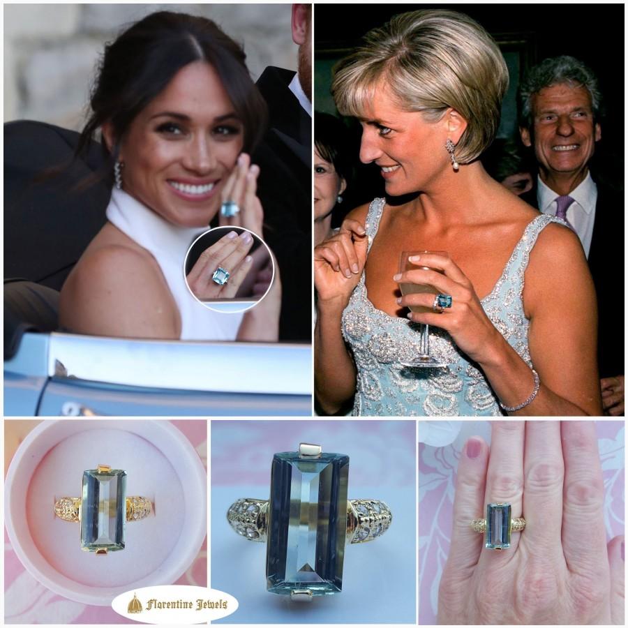 زفاف - 11.5 Carat Aquamarine, Princess Diana Aquamarine Ring, Princess Meghan Markle Aquamarine Ring, 14 kt Gold Cocktail Ring